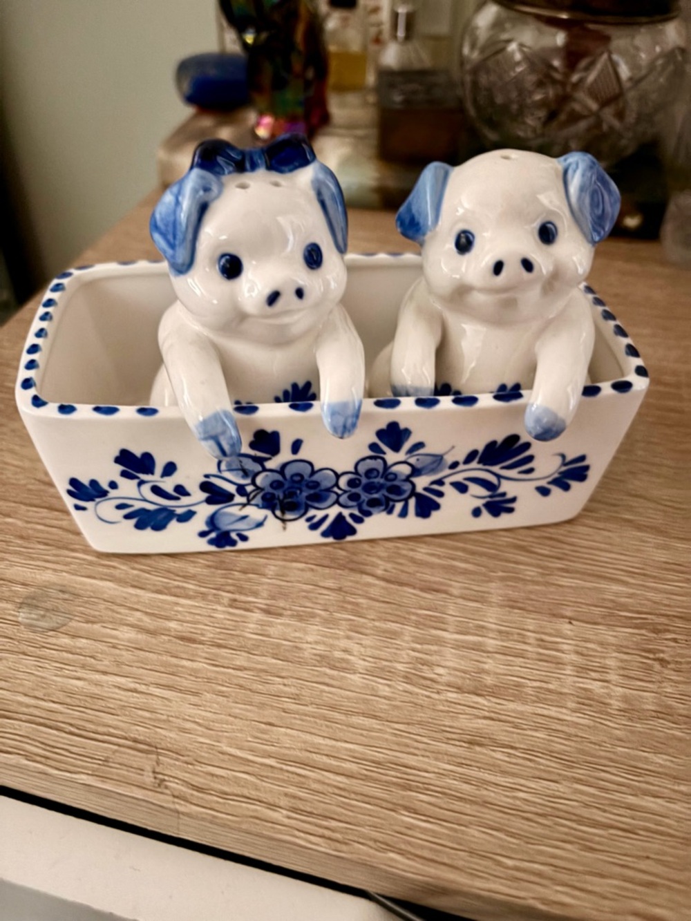 Vintage Ceramic Blue & White Pig Salt and Pepper Shaker Set